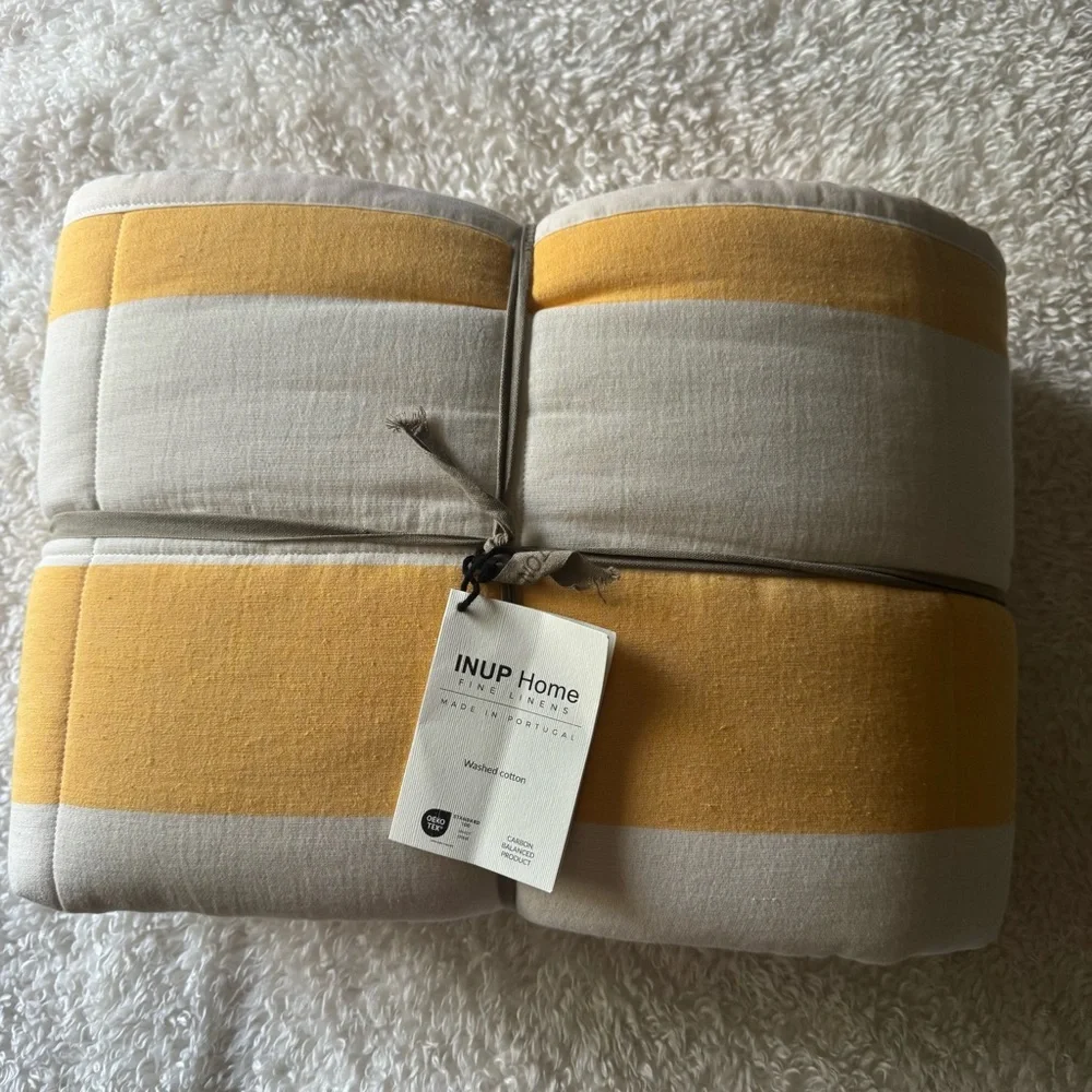 INUP KING 3-pc reversible Quilt set YELLOW wide/narrow stripe PORTUGAL NEW